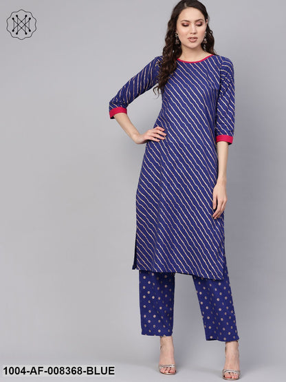 Blue Gold Lehriya Printed Cotton Straight Kurta Set With Pant