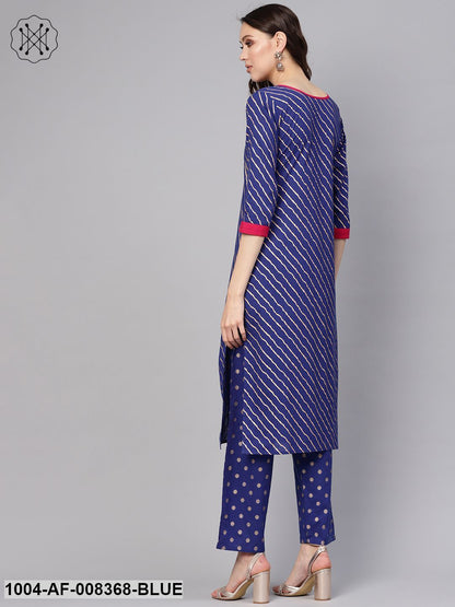 Blue Gold Lehriya Printed Cotton Straight Kurta Set With Pant