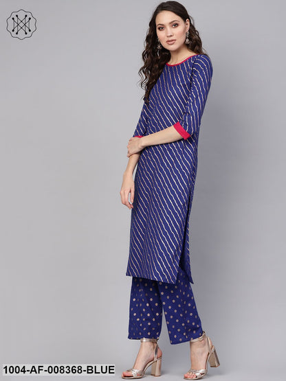 Blue Gold Lehriya Printed Cotton Straight Kurta Set With Pant