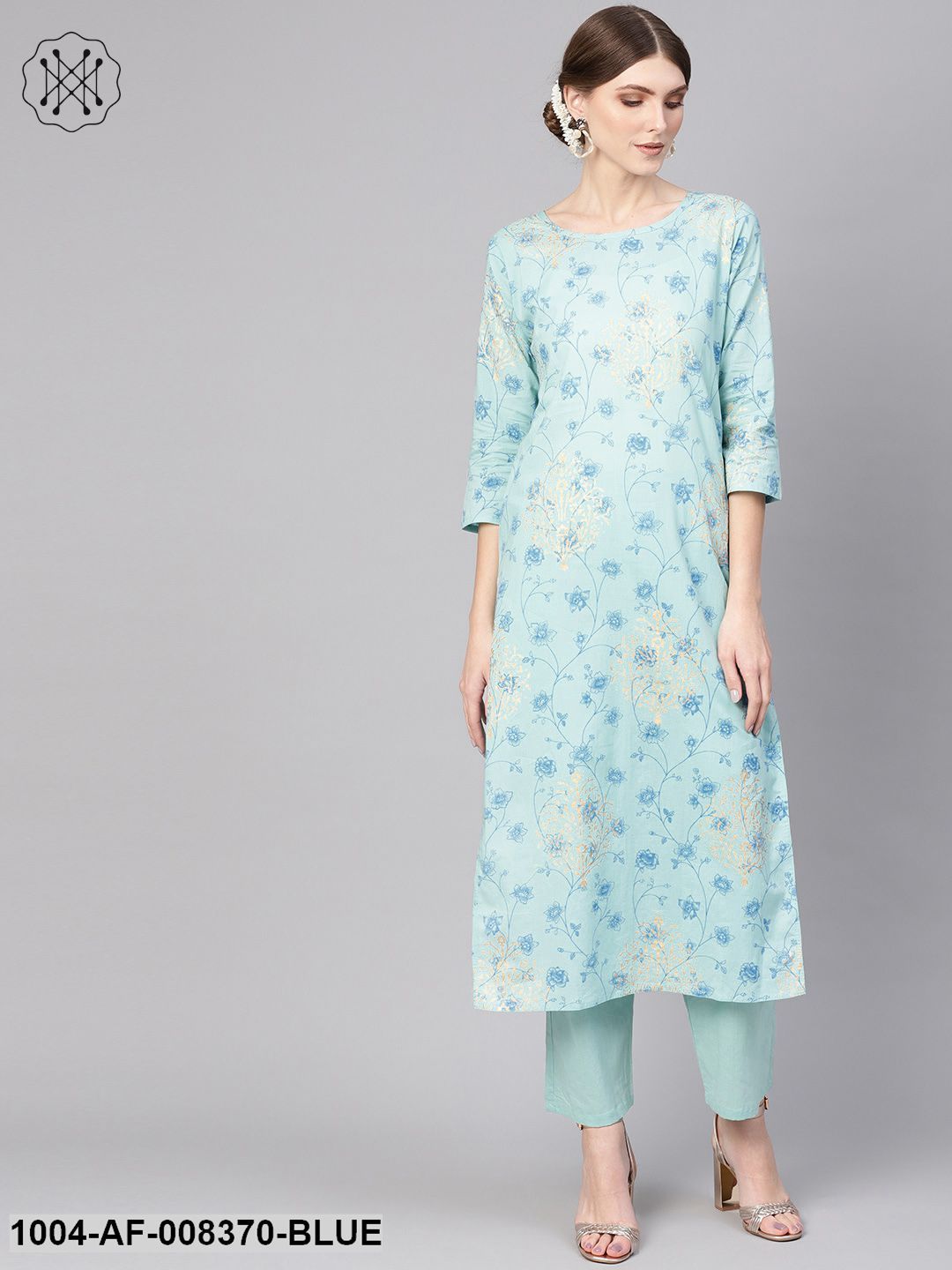 Pastel Blue 3/4Th Sleeve Cotton Straight Kurta With Printed Pant