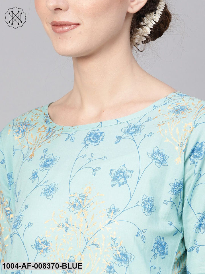 Pastel Blue 3/4Th Sleeve Cotton Straight Kurta With Printed Pant