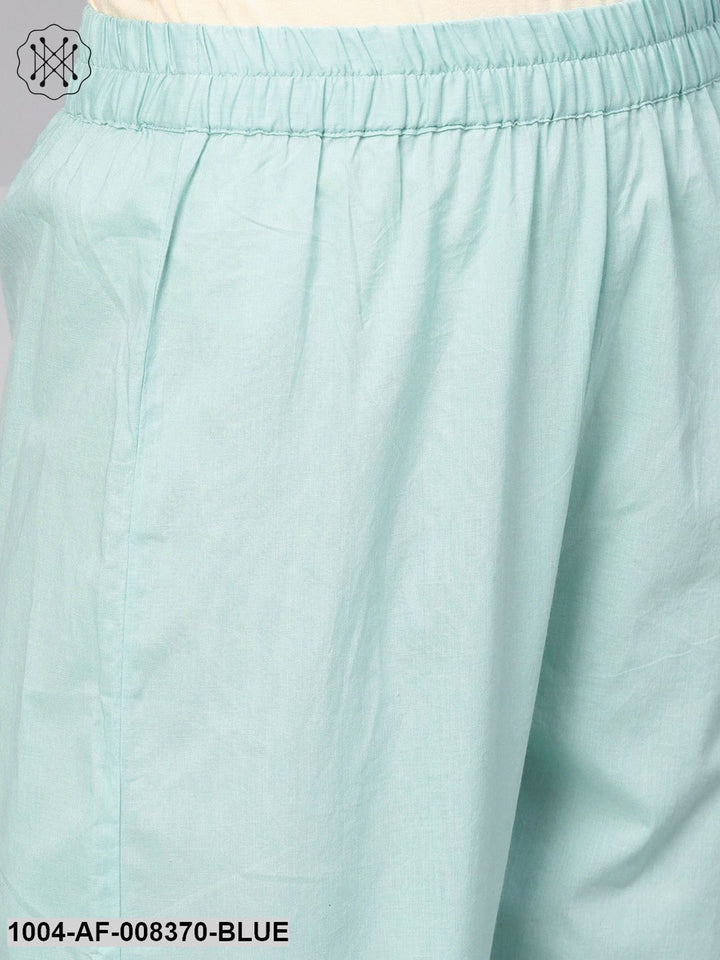 Pastel Blue 3/4Th Sleeve Cotton Straight Kurta With Printed Pant