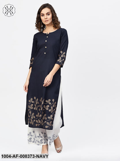Navy Blue 3/4Th Sleeve Cotton Border Printed Kurta With White Palazzo