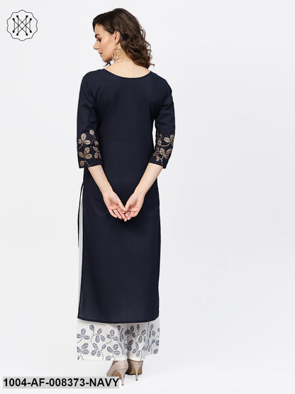 Navy Blue 3/4Th Sleeve Cotton Border Printed Kurta With White Palazzo