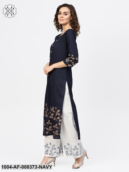 Navy Blue 3/4Th Sleeve Cotton Border Printed Kurta With White Palazzo