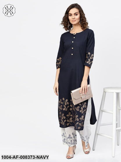Navy Blue 3/4Th Sleeve Cotton Border Printed Kurta With White Palazzo