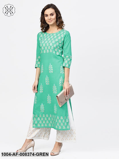 Green Printed 3/4Th Sleeve Cotton A-Line Kurta With White Palazzo