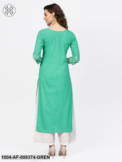 Green Printed 3/4Th Sleeve Cotton A-Line Kurta With White Palazzo