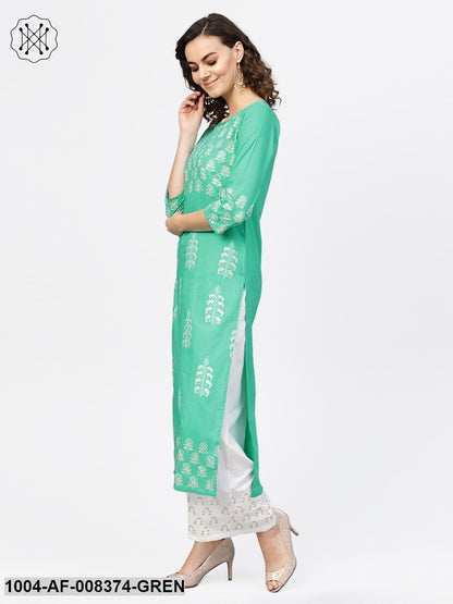 Green Printed 3/4Th Sleeve Cotton A-Line Kurta With White Palazzo