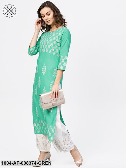Green Printed 3/4Th Sleeve Cotton A-Line Kurta With White Palazzo