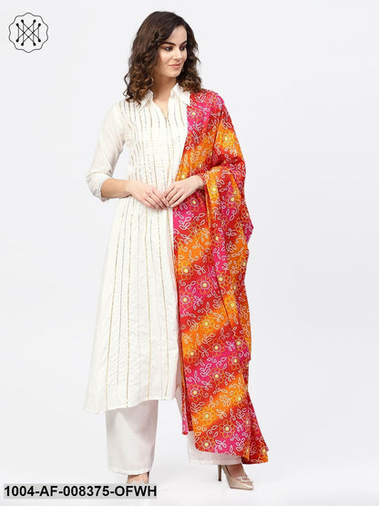 White 3/4Th Sleeve Gotta Striped A-Line Kurta With Palazzo And Printed Dupatta