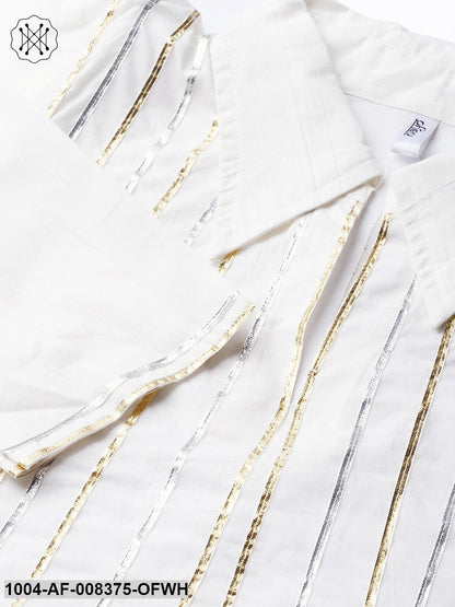White 3/4Th Sleeve Gotta Striped A-Line Kurta With Palazzo And Printed Dupatta