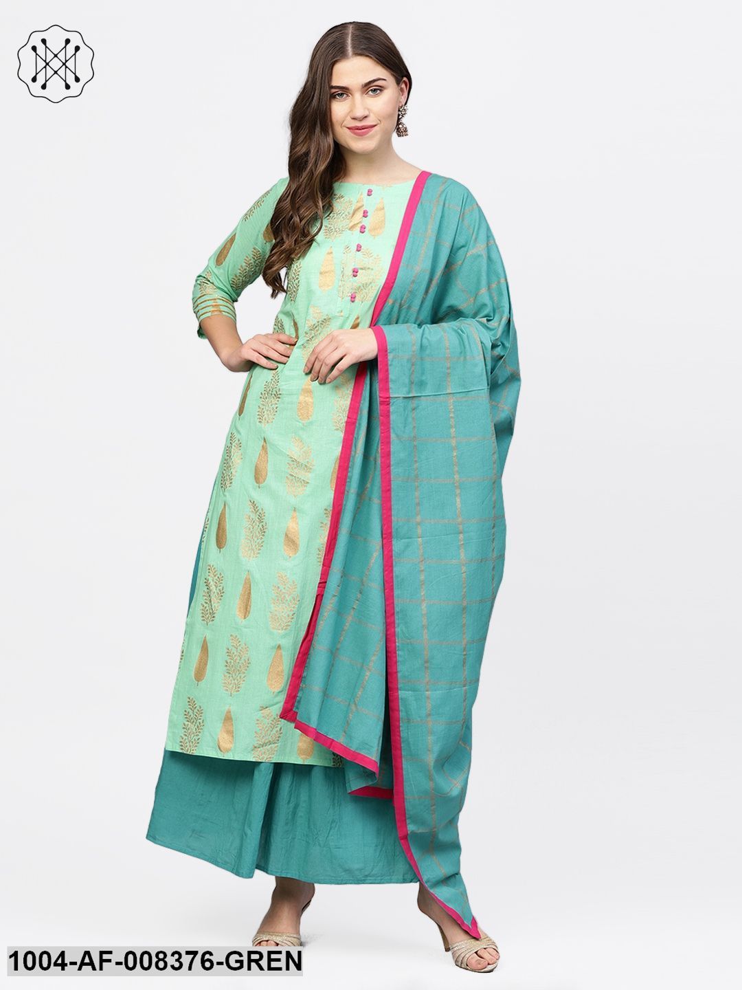 Green Gold Printed 3/4Th Sleeve Cotton Kurta With Blue Flared Skirt And Printed Dupatta