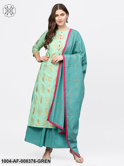 Green Gold Printed 3/4Th Sleeve Cotton Kurta With Blue Flared Skirt And Printed Dupatta