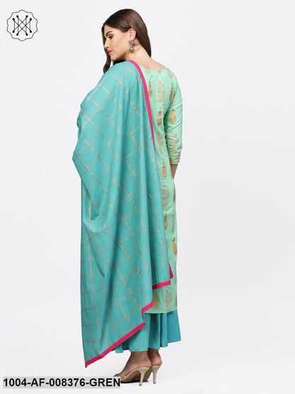 Green Gold Printed 3/4Th Sleeve Cotton Kurta With Blue Flared Skirt And Printed Dupatta