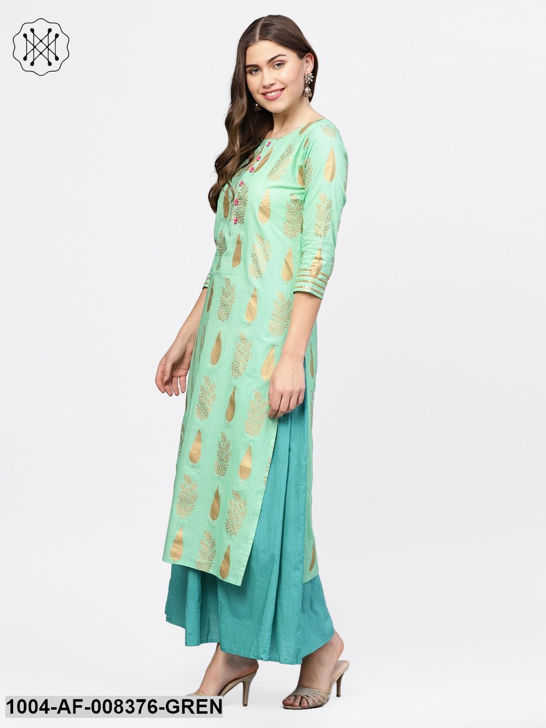 Green Gold Printed 3/4Th Sleeve Cotton Kurta With Blue Flared Skirt And Printed Dupatta
