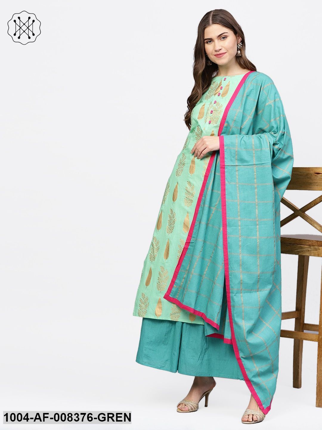 Green Gold Printed 3/4Th Sleeve Cotton Kurta With Blue Flared Skirt And Printed Dupatta