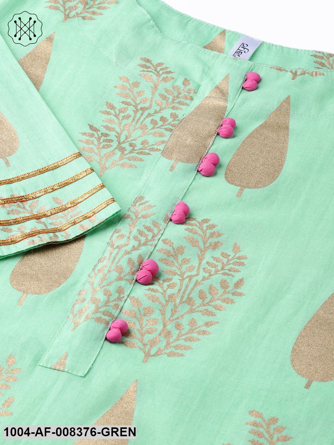 Green Gold Printed 3/4Th Sleeve Cotton Kurta With Blue Flared Skirt And Printed Dupatta