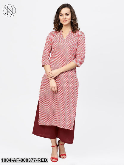 Red Printed 3/4Th Sleeve Cotton Straight Kurta With Solid Brown Trouser