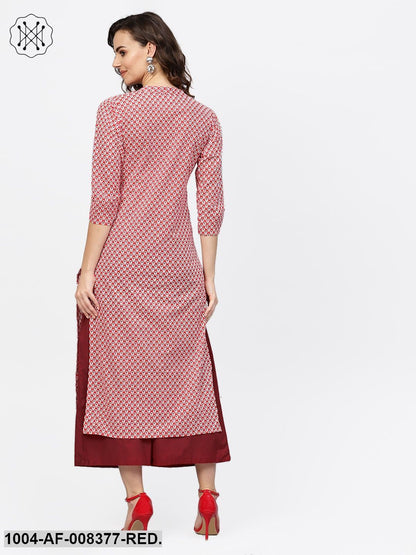 Red Printed 3/4Th Sleeve Cotton Straight Kurta With Solid Brown Trouser