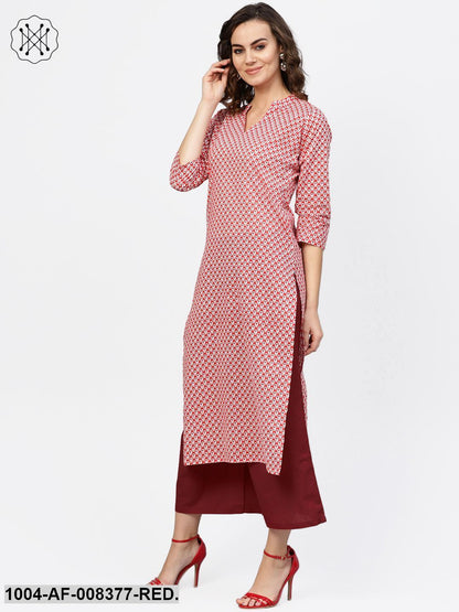 Red Printed 3/4Th Sleeve Cotton Straight Kurta With Solid Brown Trouser
