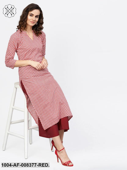 Red Printed 3/4Th Sleeve Cotton Straight Kurta With Solid Brown Trouser
