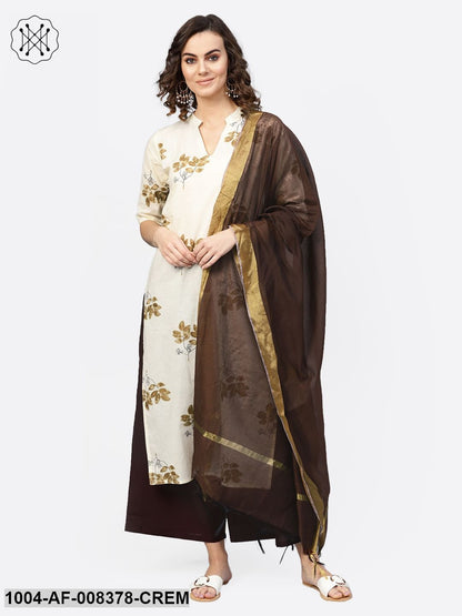 Off White Gold Printed Straight Kurta With Brown Palazzo And Dupatta
