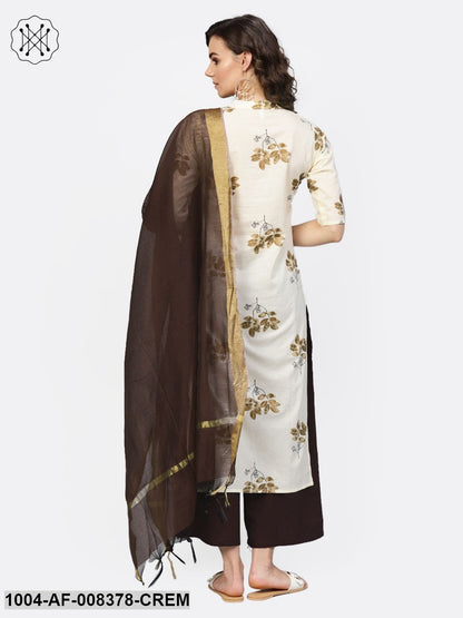 Off White Gold Printed Straight Kurta With Brown Palazzo And Dupatta