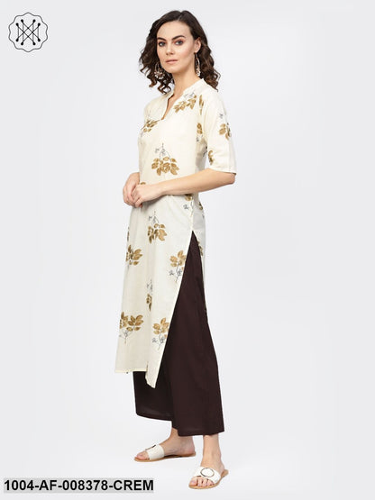 Off White Gold Printed Straight Kurta With Brown Palazzo And Dupatta