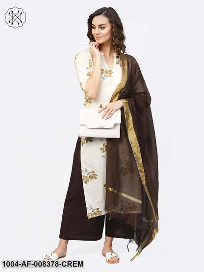 Off White Gold Printed Straight Kurta With Brown Palazzo And Dupatta