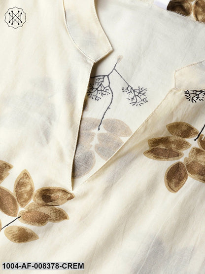 Off White Gold Printed Straight Kurta With Brown Palazzo And Dupatta