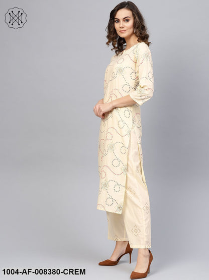 Cream Printed 3/4Th Sleeve Cotton Kurta With Printed Trouser