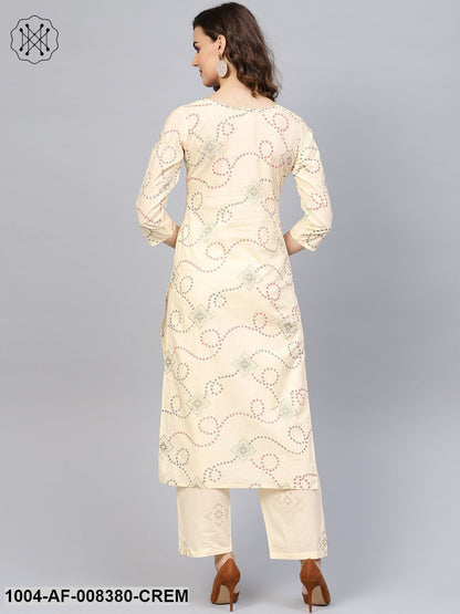 Cream Printed 3/4Th Sleeve Cotton Kurta With Printed Trouser