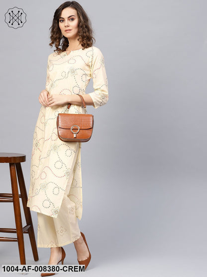 Cream Printed 3/4Th Sleeve Cotton Kurta With Printed Trouser