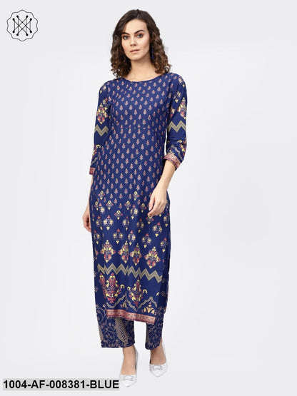 Blue Printed 3/4Th Sleeve Cotton Straight Kurta With Printed Trouser