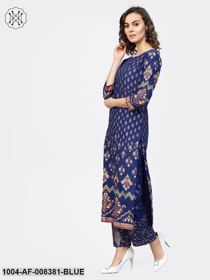 Blue Printed 3/4Th Sleeve Cotton Straight Kurta With Printed Trouser