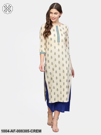 Cream Printed 3/4Th Sleeve Cotton Kurta With Blue Flared Palazzo