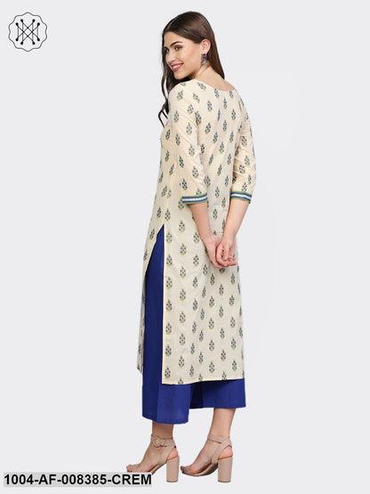 Cream Printed 3/4Th Sleeve Cotton Kurta With Blue Flared Palazzo