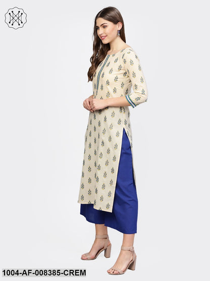 Cream Printed 3/4Th Sleeve Cotton Kurta With Blue Flared Palazzo
