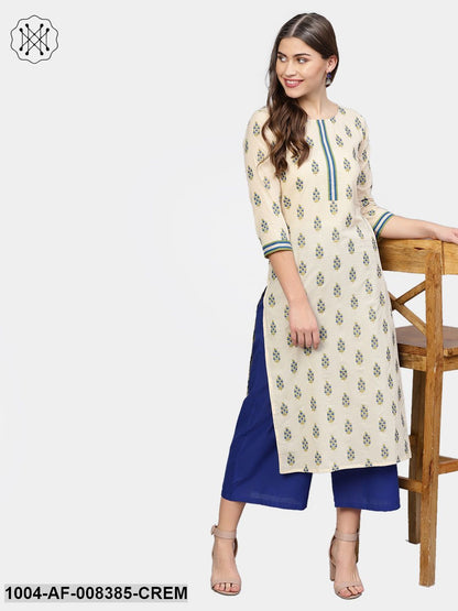 Cream Printed 3/4Th Sleeve Cotton Kurta With Blue Flared Palazzo