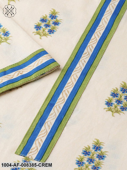 Cream Printed 3/4Th Sleeve Cotton Kurta With Blue Flared Palazzo
