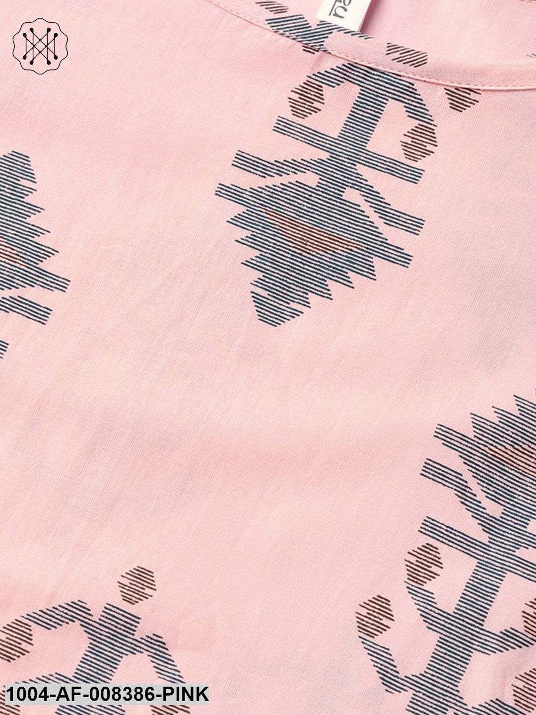 Light Pink Half Sleeve Printed Straight Kurta With Striped Palazzo