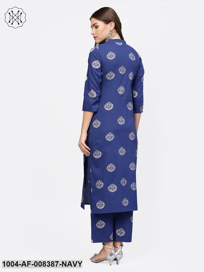 Dark Blue Printed 3/4Th Sleeve Cotton Kurta With Printed Trouser