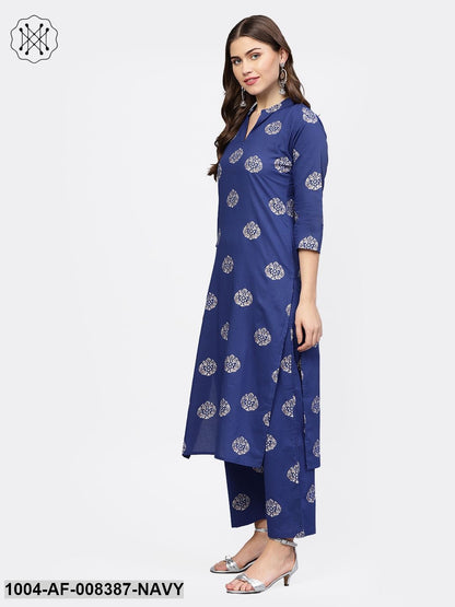 Dark Blue Printed 3/4Th Sleeve Cotton Kurta With Printed Trouser