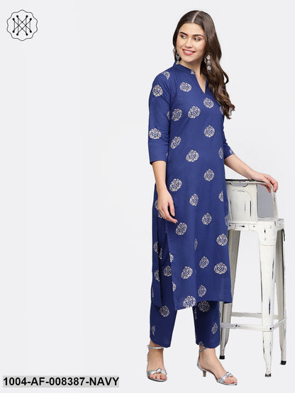 Dark Blue Printed 3/4Th Sleeve Cotton Kurta With Printed Trouser