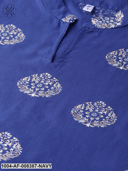 Dark Blue Printed 3/4Th Sleeve Cotton Kurta With Printed Trouser