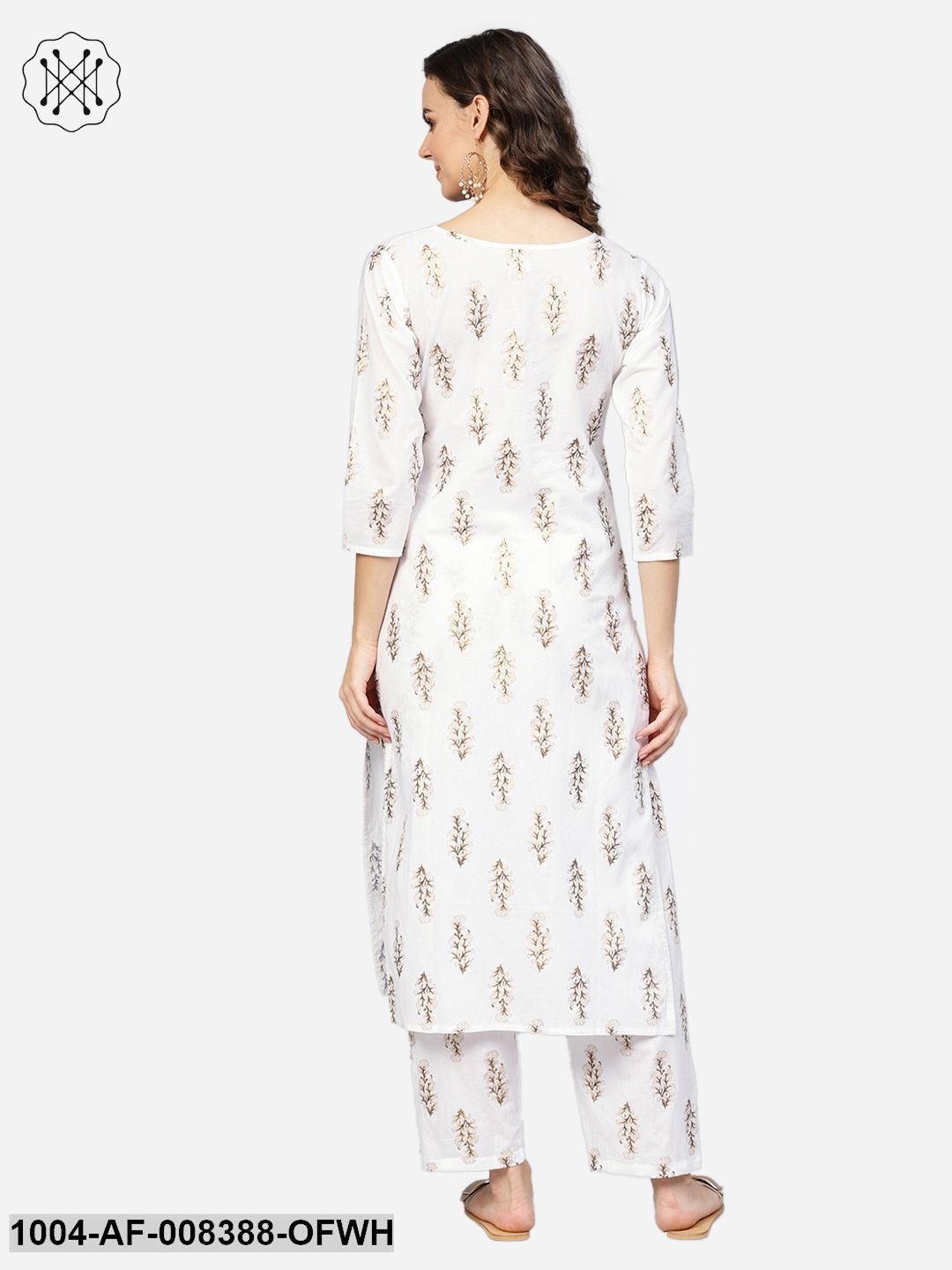 Off White 3/4Th Sleeve Cotton Printed Kurta With Printed Trouser