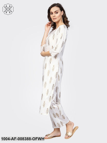 Off White 3/4Th Sleeve Cotton Printed Kurta With Printed Trouser