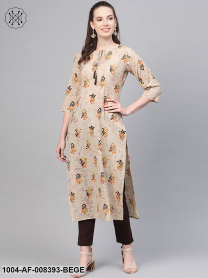 Beige With Multi Colored Floral Kurta With Solid Chocolate Brown Pants