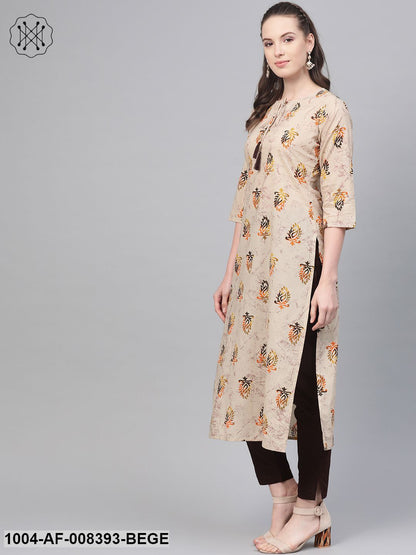 Beige With Multi Colored Floral Kurta With Solid Chocolate Brown Pants